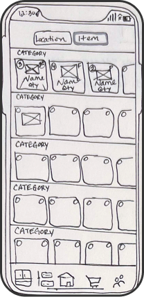 Hand drawn image of the inventory landing screen of an app on a phone