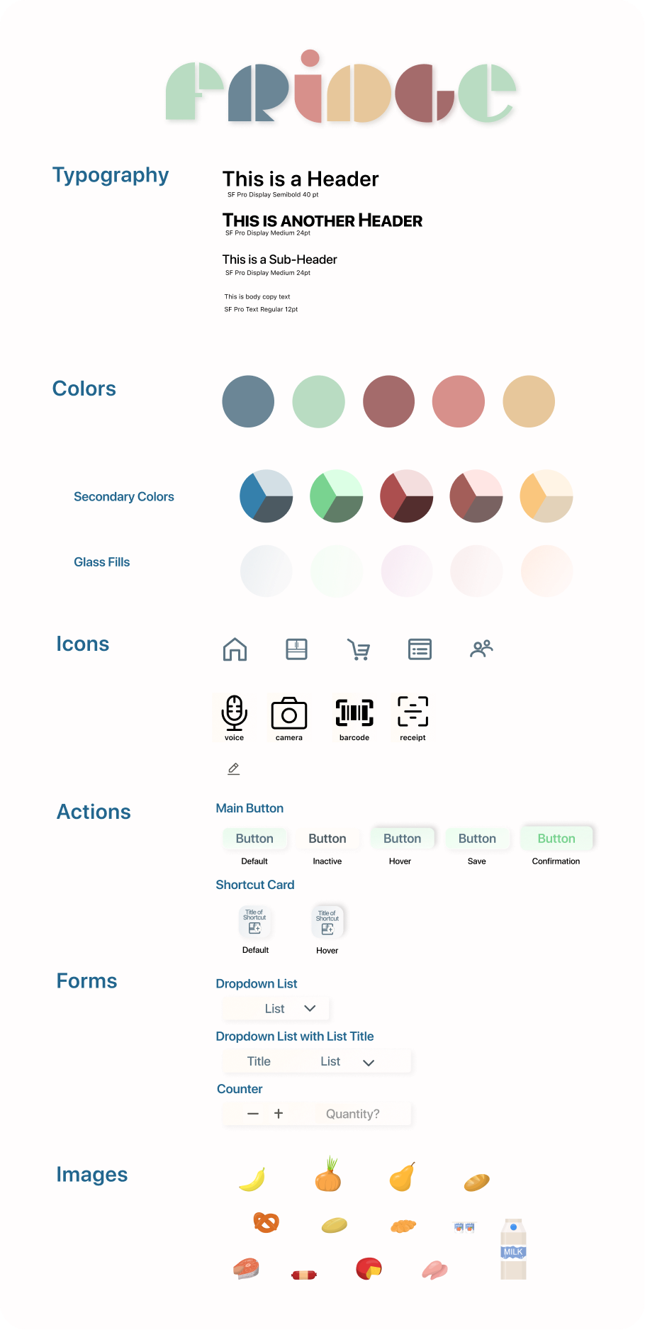 Image of Fridge's design style guide with examples of text, color, icons, actions, forms, and Images used in the application
