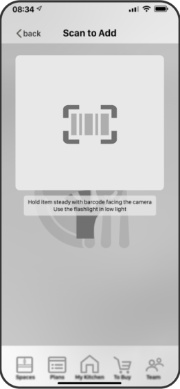 Phone showing a wireframe version of an application's Barcode Scanner Camera screen